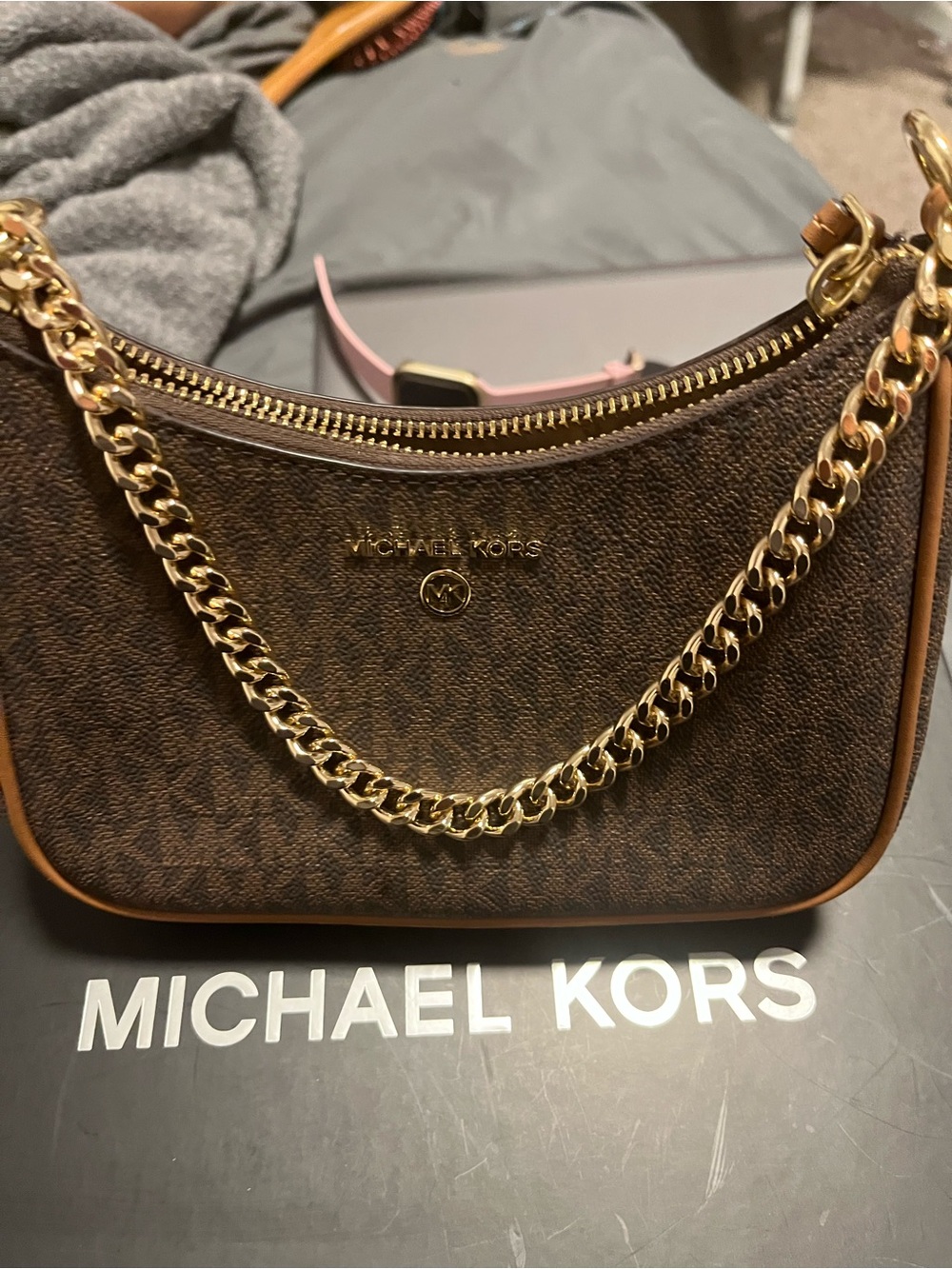 Michael Kors Brown Logo Mini Shoulder Bag with Gold Chain
